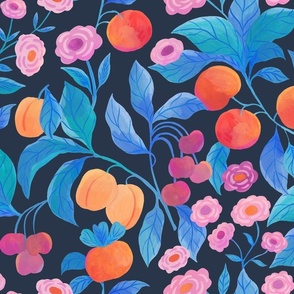 Apricot garden fruit in blue and navy