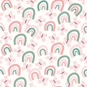Pink and Green Rainbows with Pink Butterfly on Light Background