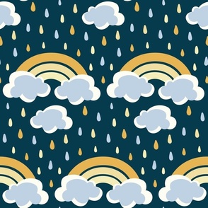 Sunny Rain, Rainbow, Clouds - Сute Baby Design - Prussian Blue BG