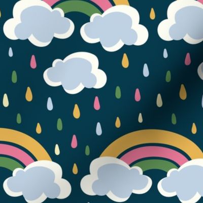 Rainbow, Rain Drops, Clouds - Сute Baby Design - Prussian Blue BG