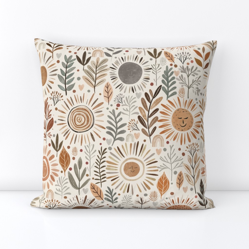 Apricity - Winter solstice Sun Large - hand drawn earth toned bohemian floral - smiling suns