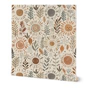 Apricity - Winter solstice Sun Large - hand drawn earth toned bohemian floral - smiling suns