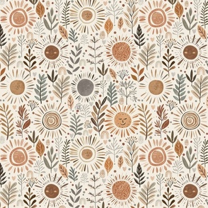 Apricity - Winter solstice Sun Medium - hand drawn earth toned bohemian floral - smiling suns