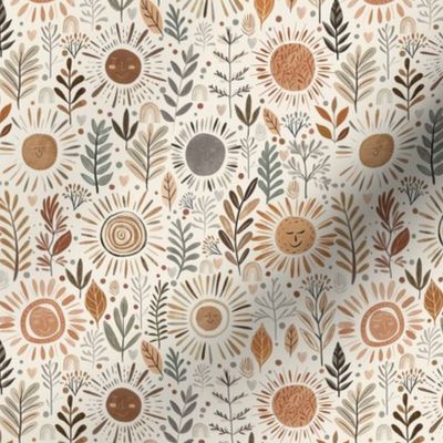 Apricity - Winter solstice Sun Small  - hand drawn earth toned bohemian floral - smiling suns