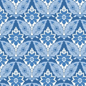 Islamic monochromatic blue and white floral repeat pattern