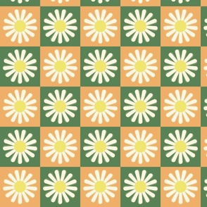 Daisies on Orange and Green Checkerboard