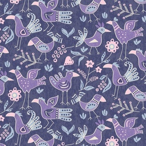 Tribal Lilac Birds and Flowers on Blue Large Scale