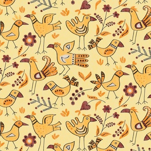 Tribal Birds and Flowers in Yellow Large Scale
