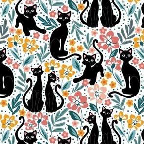 Retro Black Cats with pink and yellow flowers long tail cat kitten kitty