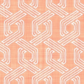 Retro 70s Hexagon Chain Link Stripes Batik Block Print in Peach Fuzz and White (Large Scale)