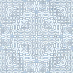 Batik Block Print Ornate Aztec Tribal Squares in Light Fog Blue and White (Large Scale)