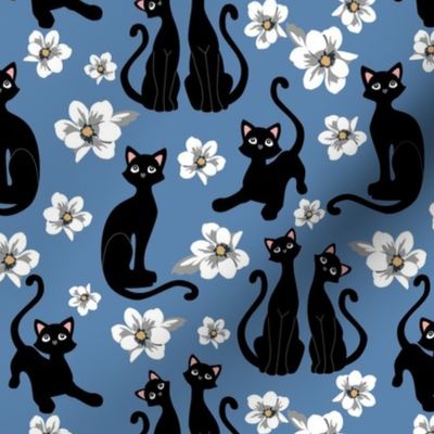 Retro Black Cats and white magnolia flowers on blue denim background