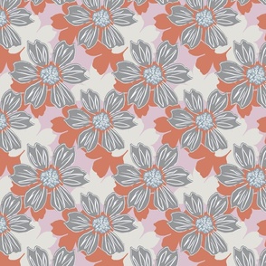 Picnic Flowers Coral and Gray Daisy 