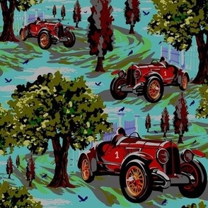 Car Collector Vintage Automobile, Colorful Bright Red Racing Car, English Countryside Toile
