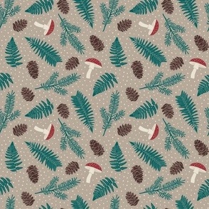 Ferns & Pine Cones - Small - Light Mushroom Tan & Jolly Cranberry Red Multi- Festive Forest