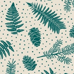 Ferns & Pine Cones - Large - Panna Cotta Cream & Night Swim Teal - Festive Forest