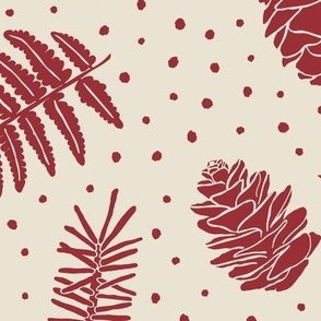 Ferns & Pine Cones - Jumbo - Panna Cotta Cream & Jolly Cranberry Red - Festive Forest