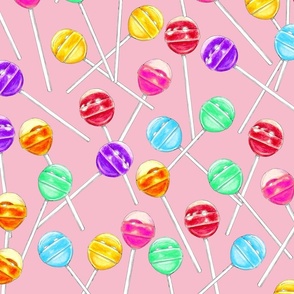 Large Hand Drawn Rainbow LollipopsTossed on Pink Candy Background 