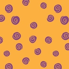 Swirley spiral purple polka dots that look like graphic rose heads randomly tossed / Purple roses on an orange ground