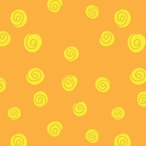 Swirley spiral yellow polka dots that look like graphic rose heads randomly tossed / Yellow roses on an orange ground