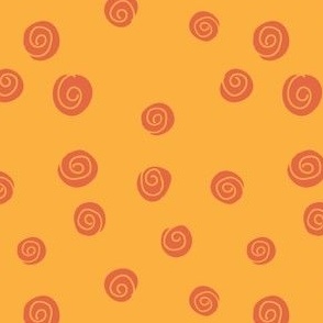Swirley spiral red orange polka dots that look like graphic rose heads randomly tossed / Red orange roses on an orange ground