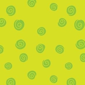 Swirley spiral green polka dots that look like graphic rose heads randomly tossed / Green roses on a lime green ground