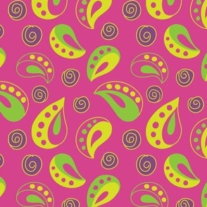  Small scale / simple shaped / brightly colored paisley with little spiral circles tossed about / in green, yellow and purple on a magenta  ground