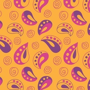  Small scale / simple shaped / brightly colored paisley with little spiral circles tossed about / in pink and purple on an orange  ground