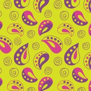 Small scale / simple shaped / brightly colored paisley with little spiral circles tossed about / in pink and purple on an acid green ground