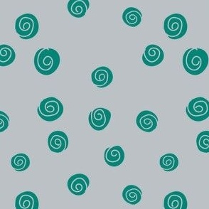 Swirley spiral teal green polka dots that look like graphic rose heads randomly tossed / Pantone green roses on a  grey ground