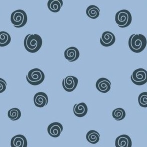 Swirley spiral navy polka dots that look like graphic rose heads randomly tossed / Navy roses on a blue ground