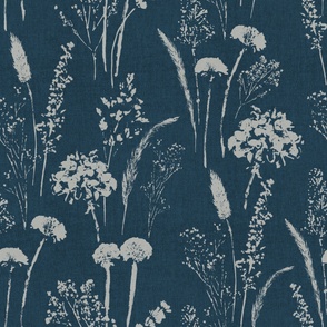 Printed pressed wildflowers on a rustic textured background navy blue - large scale