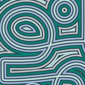 Small / Created with Mola Folk art  from Panama in mind.  Blue, grey and green loops and lines in an abstract symmetric line work pattern, created to mimic reverse applique.