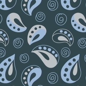 Simple shaped / paisley in blue and grey on a navy ground / with little spiral circles, in a lighter blue, tossed about randomly