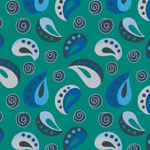 Simple shaped / Paisley in blue and navy colors on a blue green ground / with little spiral circles, in a light blue and navy, tossed about randomly