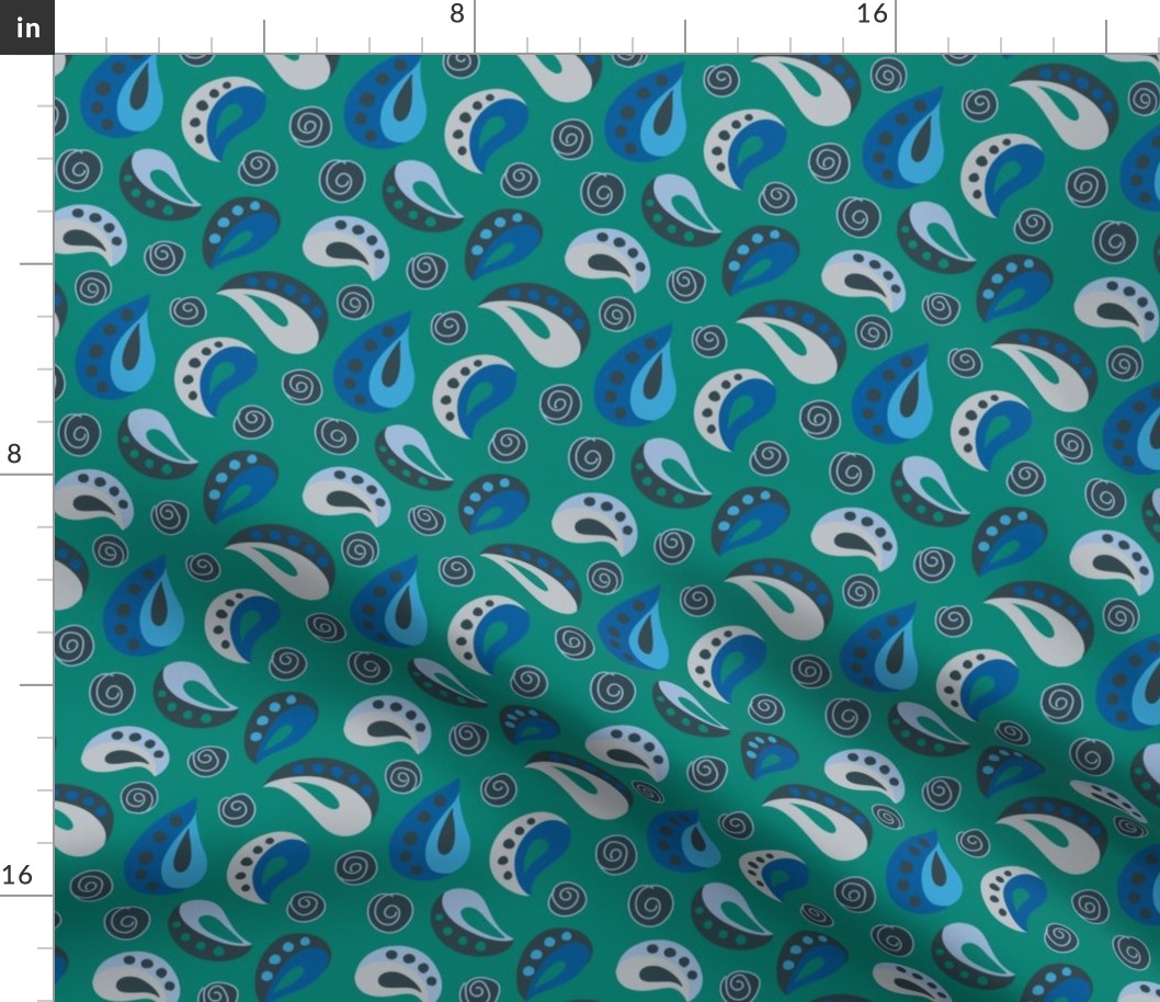 Simple shaped / Paisley in blue and navy colors on a blue green ground / with little spiral circles, in a light blue and navy, tossed about randomly
