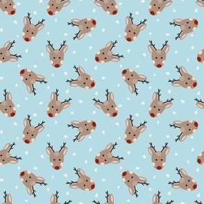 Tossed cute Christams reindeer, stars on blue 4x4