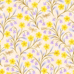 February Birth flower Primrose and Lilac Floral Large Scale Cream