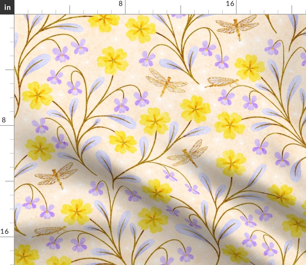 February Birth flower Primrose and Lilac Floral Large Scale Cream