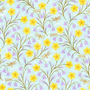 February Birth flower Primrose and Lilac Floral Large Scale Light Mint Green