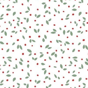 Minimalist scandinavian abstract Christmas theme mistletoe petals and berries green red on white