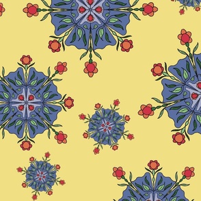 Red and orange florals on blue with yellow background