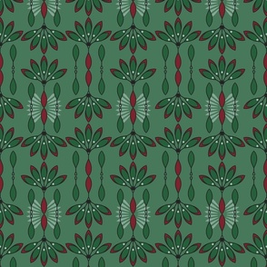 Christmas Green and Crimson Red Art Deco Peacock Flowers Small Scale
