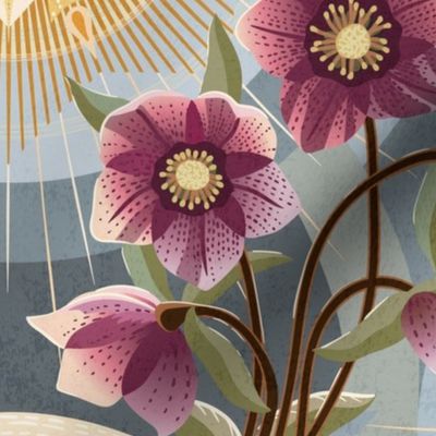 Apricity - Hellebores in the winter sun - Christmas Rose - maroon, pink, yellow, blue - jumbo