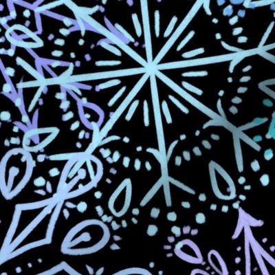 Vibrant Snowflakes - Blues and Purples  on Black - Apricity - Happy Snowflakes - Large