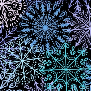 Vibrant Snowflakes - Blues and Purples  on Black - Apricity - Happy Snowflakes - Large