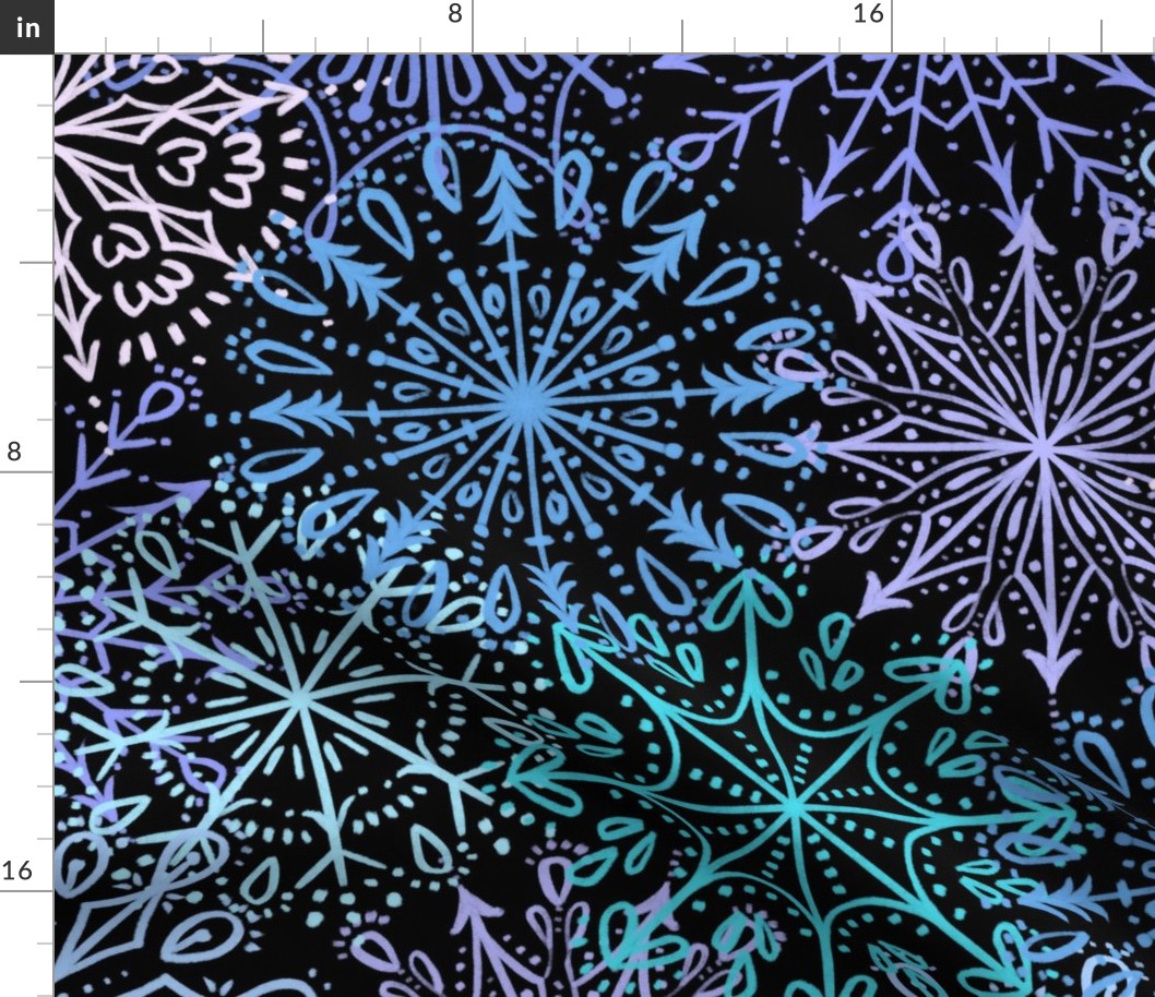 Vibrant Snowflakes - Blues and Purples  on Black - Apricity - Happy Snowflakes - Large