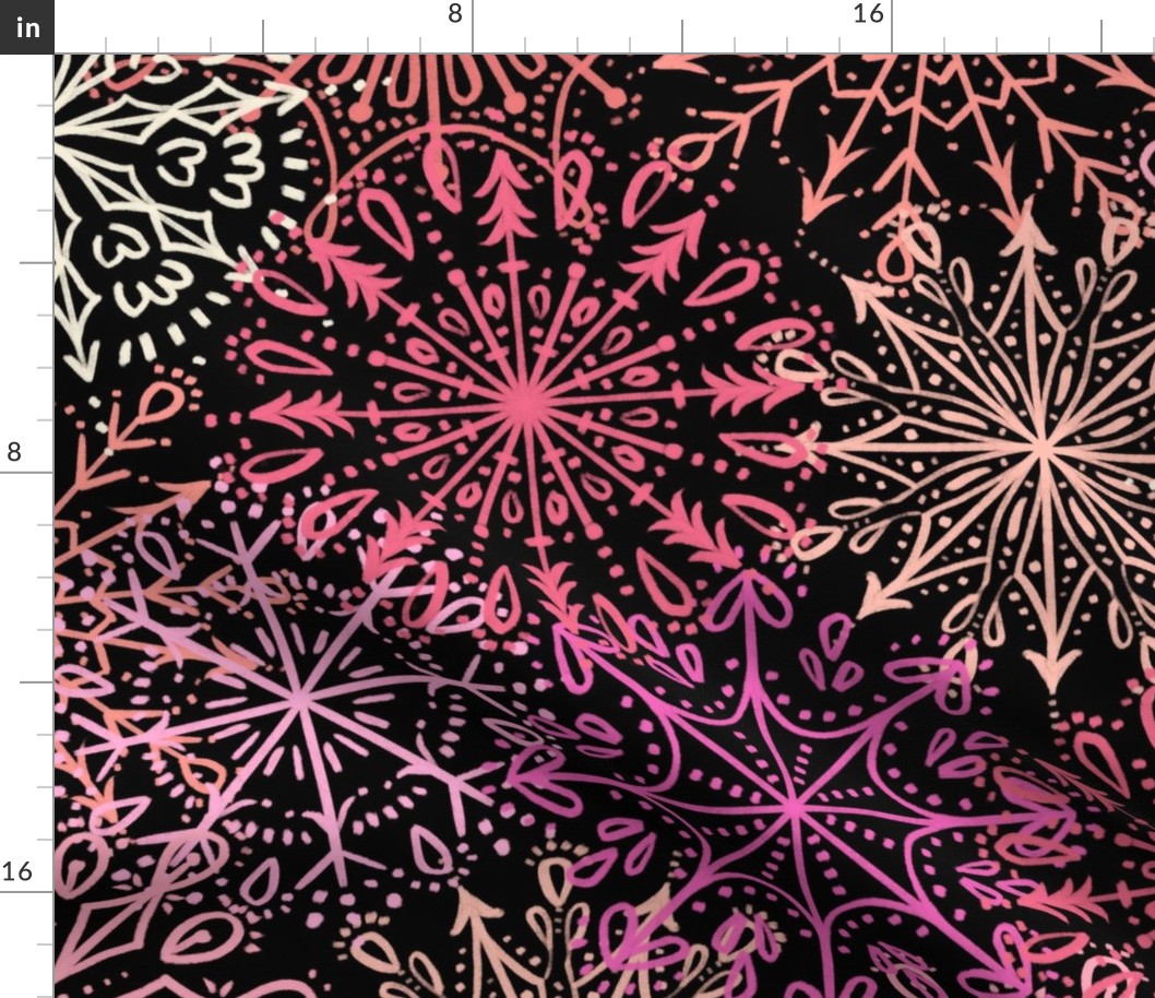 Vibrant Snowflakes - Pinks on Black - Apricity - Happy Snowflakes - Large