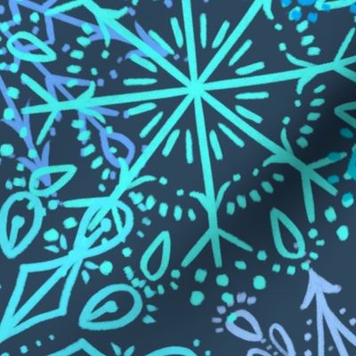 Vibrant Snowflakes - Blues and Mints on Dark Teal - Apricity - Happy Snowflakes - Large