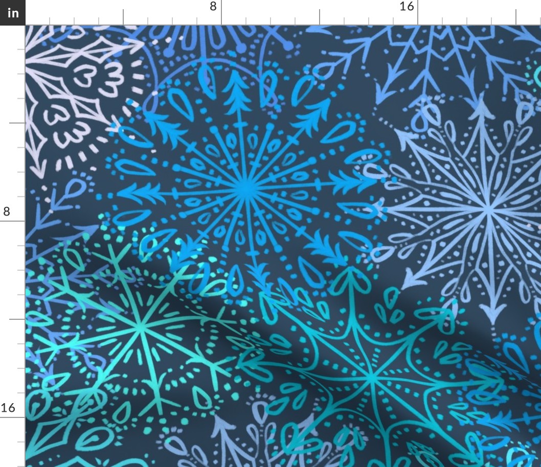 Vibrant Snowflakes - Blues and Mints on Dark Teal - Apricity - Happy Snowflakes - Large